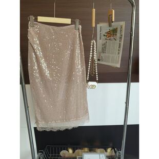 定制系统亮片拼蕾丝 下摆微透亮片蕾丝侧开叉半裙