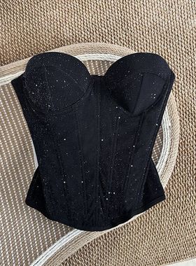 88854亮片鱼骨胸衣女内搭带胸垫性感纯欲辣妹裹胸束腰抹胸上衣