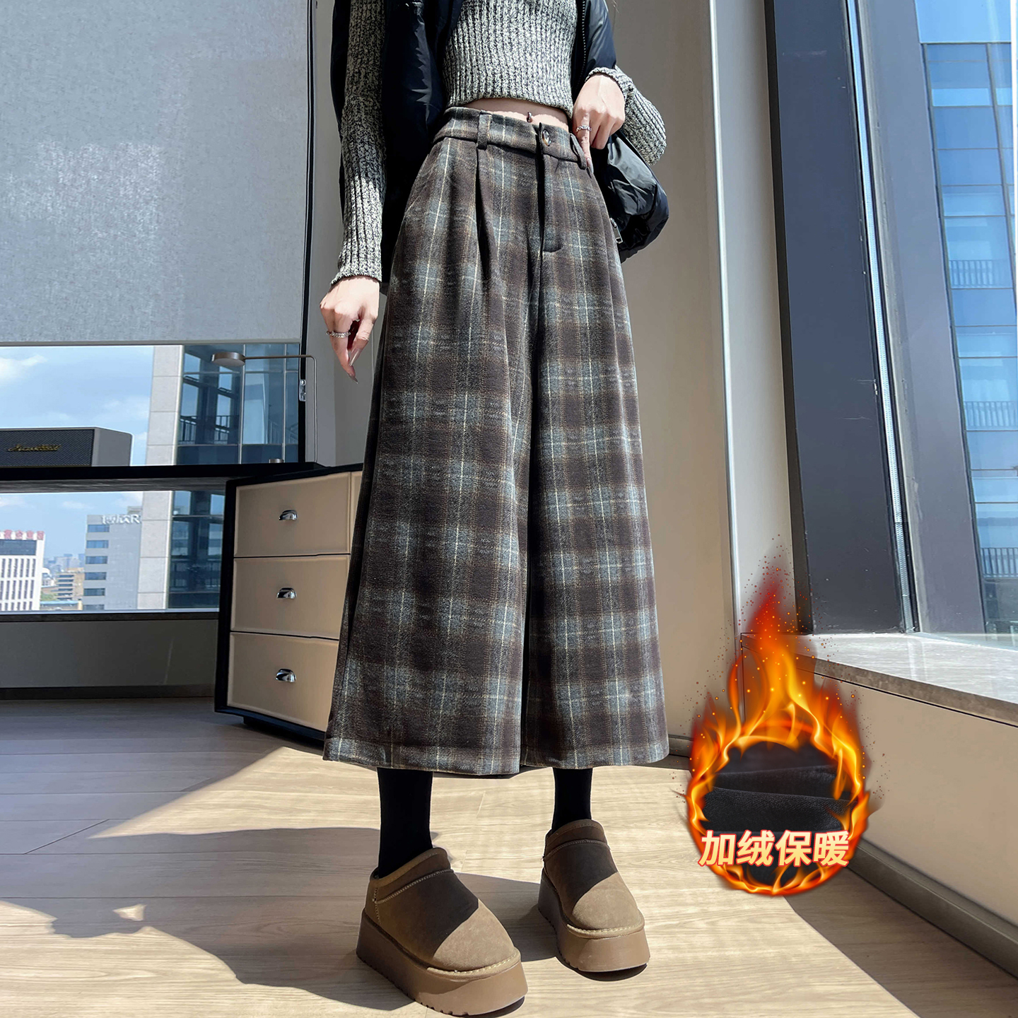 加绒毛呢格子阔腿裤女2025秋冬小个子显瘦外穿休闲直筒七分裤
