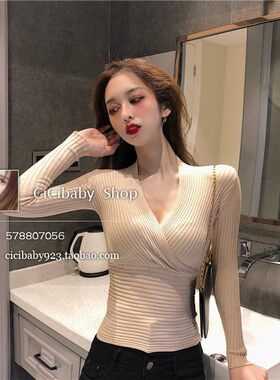 DnQueen性感深V爆乳包身显胸大时尚百搭长袖针织打底衫 柳岩同款