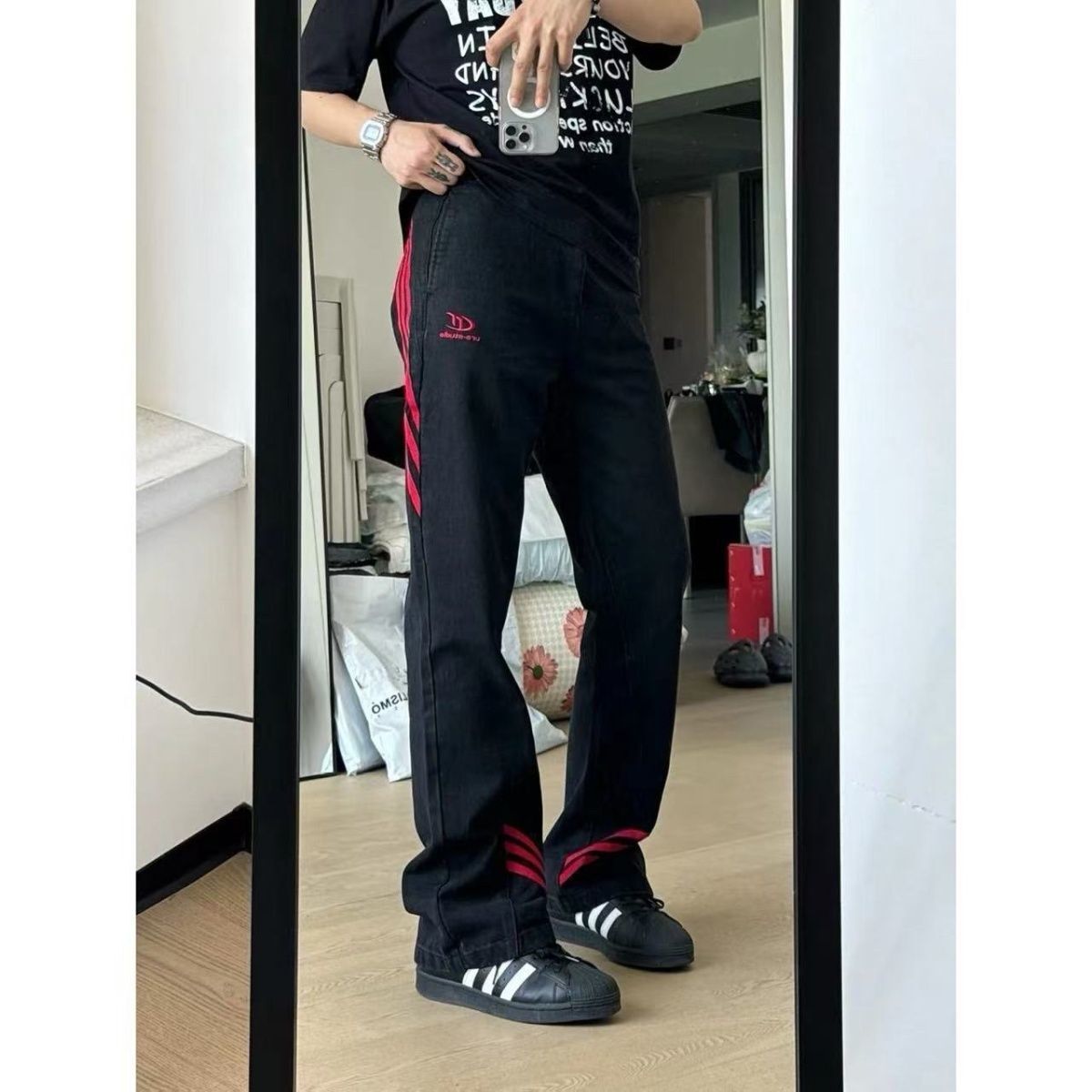 URS GGON 美式复古水洗做旧宽松牛仔裤 男女同款 黑色裤子男