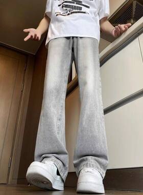 美式复古vibe烟灰色牛仔裤男款高街宽松直筒修身微喇裤子