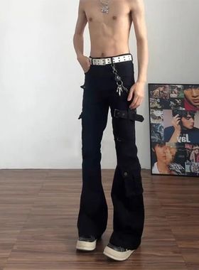 美式绑带机能vujade工装裤男修身弯刀微喇裤子高街显瘦vibe牛仔裤