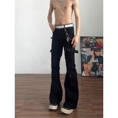 美式绑带机能vujade工装裤男修身弯刀微喇裤子高街显瘦vibe牛仔裤