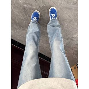 微喇牛仔裤浅蓝色男款早秋加绒穿搭显腿长裤子cleanfit弯刀直筒裤