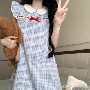 短袖 夏季 甜美格子睡裙韩版 日系新款 简约蕾丝睡衣可外穿 花边小飞袖
