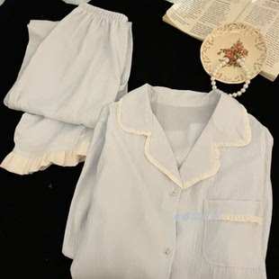 春秋新款 ins甜美简约长袖 睡衣女韩国学生网红纯色宽松家居服套装