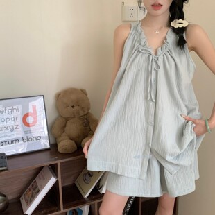 学生家居服套装 夏季 睡衣女日系吊带短裤 ins甜美简约纯色无袖 新款