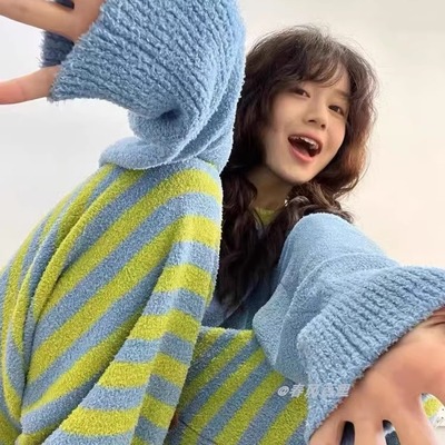 冬季高级加绒加厚条纹睡衣女套装