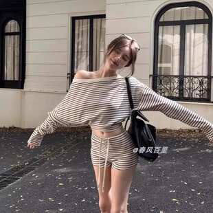 夏季新款日系ins甜美条纹露肩长袖睡衣女韩版性感可爱家居服套装
