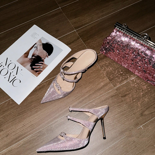 闪粉亮片人鱼姬水钻高跟鞋女名媛高级感宴会包头凉鞋细跟尖头单鞋