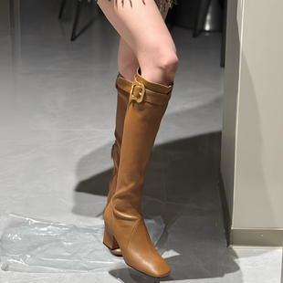 张元英同款M家秋冬方头粗跟长靴气质百搭高筒靴显瘦显腿长靴子女
