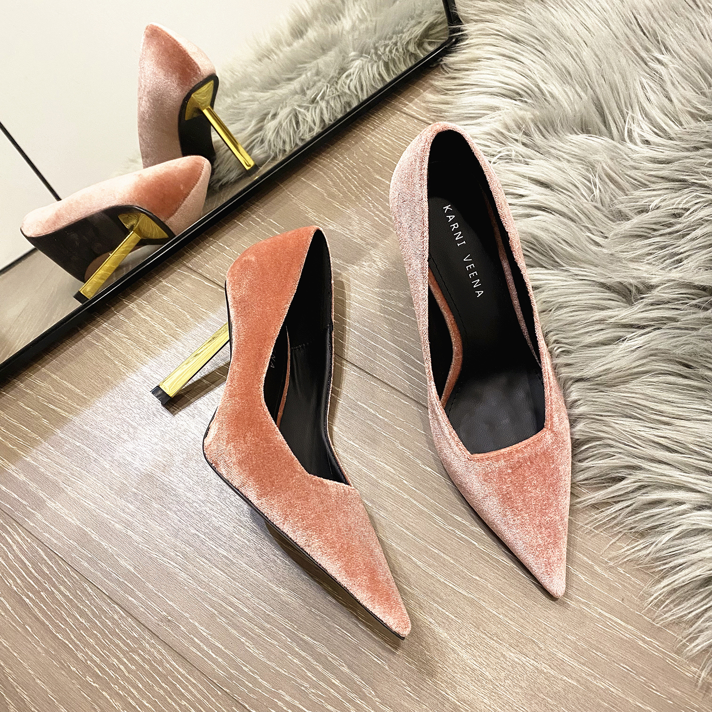 小金条丝绒高跟鞋细跟尖头单鞋