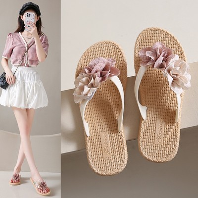 仙女风花朵人字拖鞋女夏季外穿配