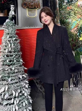 黑色赫本风中长款气质收腰呢大衣女冬季雪尼尔撒银高级感羽绒外套