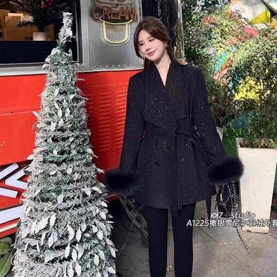 黑色赫本风中长款气质收腰呢大衣