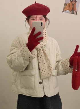 韩系小个子波点围巾氛围感圆领羽绒服女2025冬季新款白鸭绒短外套