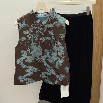 新中式缎面提花立领无袖马甲衬衫