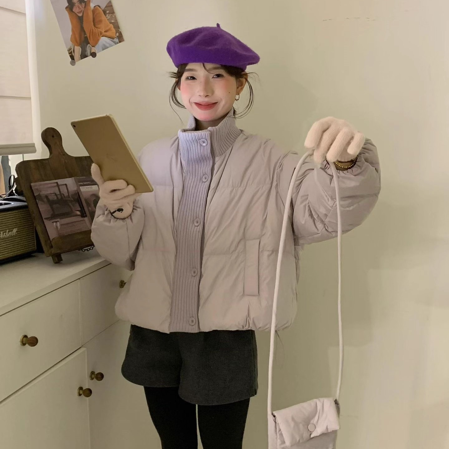 韩系针织拼接小个子立领羽绒服女