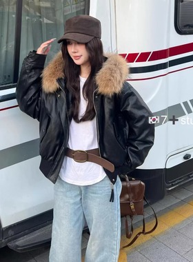 可拆卸貉子毛连帽小个子复古PU皮夹克女内胆90白鸭绒美式炸街外套