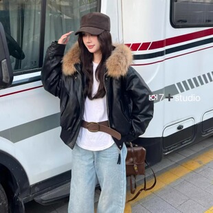 可拆卸貉子毛连帽小个子复古PU皮夹克女内胆90白鸭绒美式炸街外套