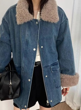 2025年冬季新款仿羊羔毛翻领宽松牛仔外套女内胆90白鸭绒韩版夹克