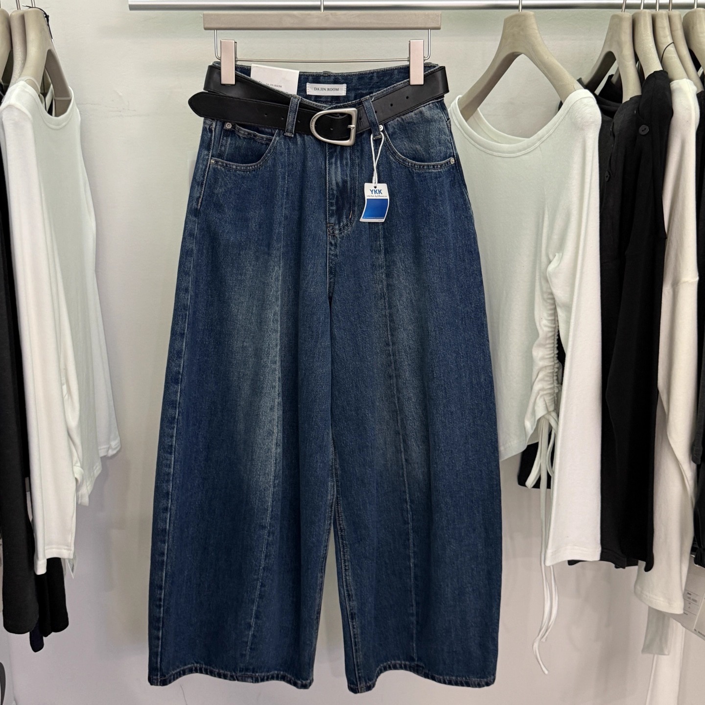 小个子慵懒风高腰阔腿牛仔裤