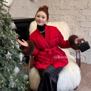 新中式气质款收腰高级感狐狸毛羽绒服女90白鸭绒短外套九索25908