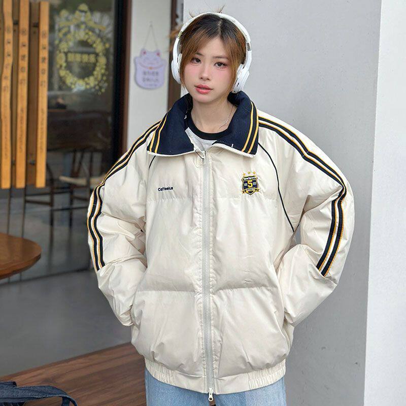 韩版甜美拼色条纹刺绣三杠棉服女冬季字母刺绣保暖学生外套