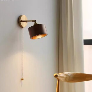 北美黑胡桃木壁灯日式复古卧室床头北欧民宿带开关拉绳阅读小壁灯