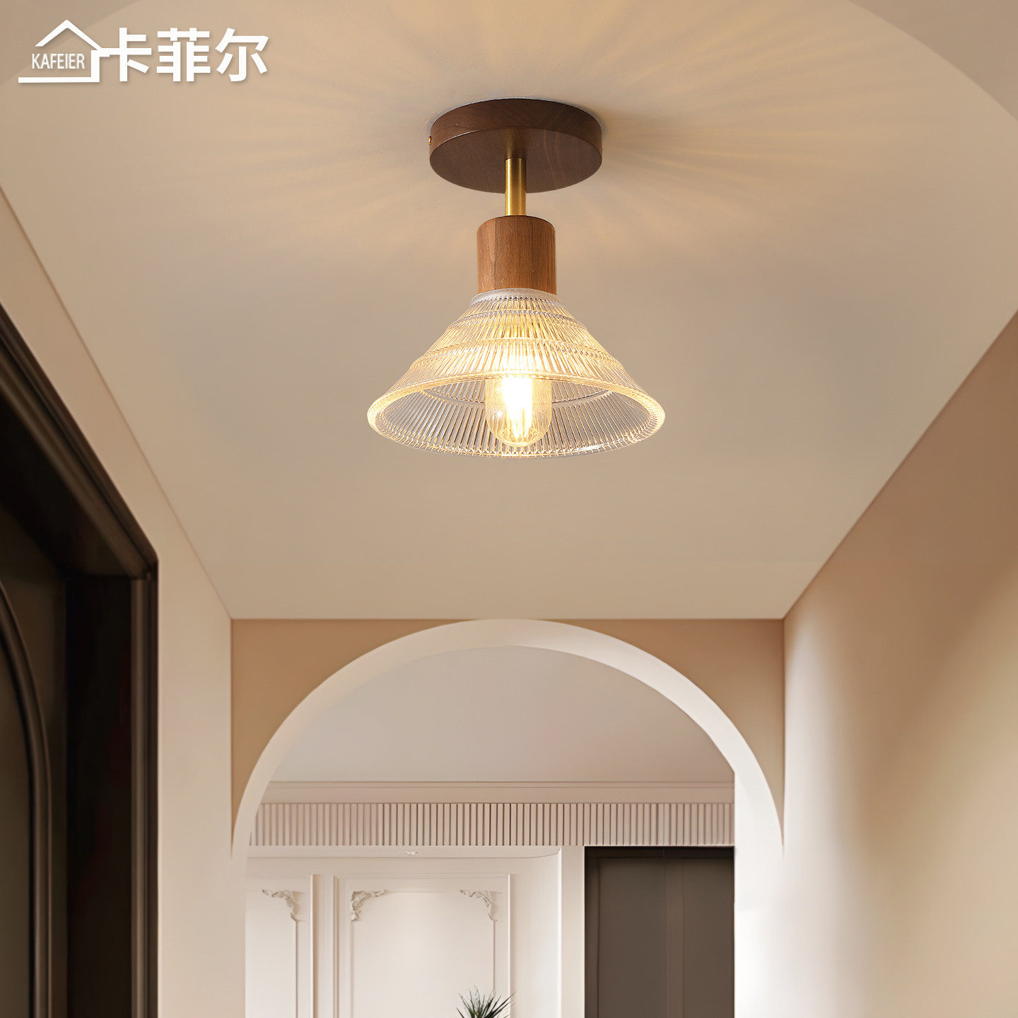 法式中古风走廊过道吸顶灯美式复古胡桃木色入户玄关阳台装饰灯具