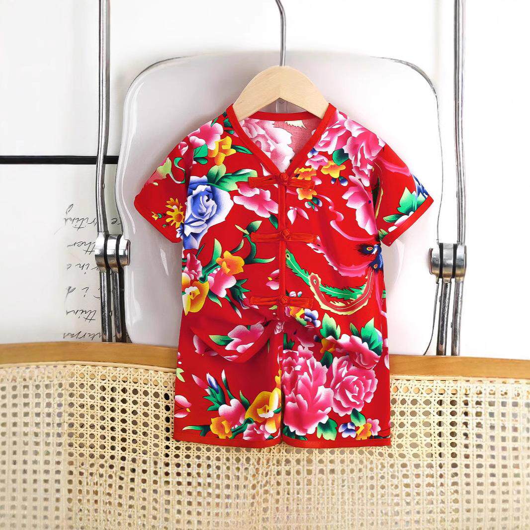东北大花宝宝夏装套装女童棉绸两连身衣/爬服/哈衣