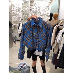 韩国东大门2025年春秋休闲Polo领格子小个子衬衣长袖短款衬衫上衣