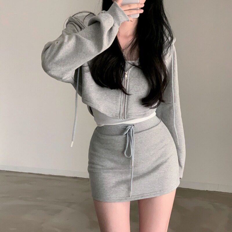 韩国东大门chic2023秋季款复古宽松短款连帽卫衣外套+半身裙套装