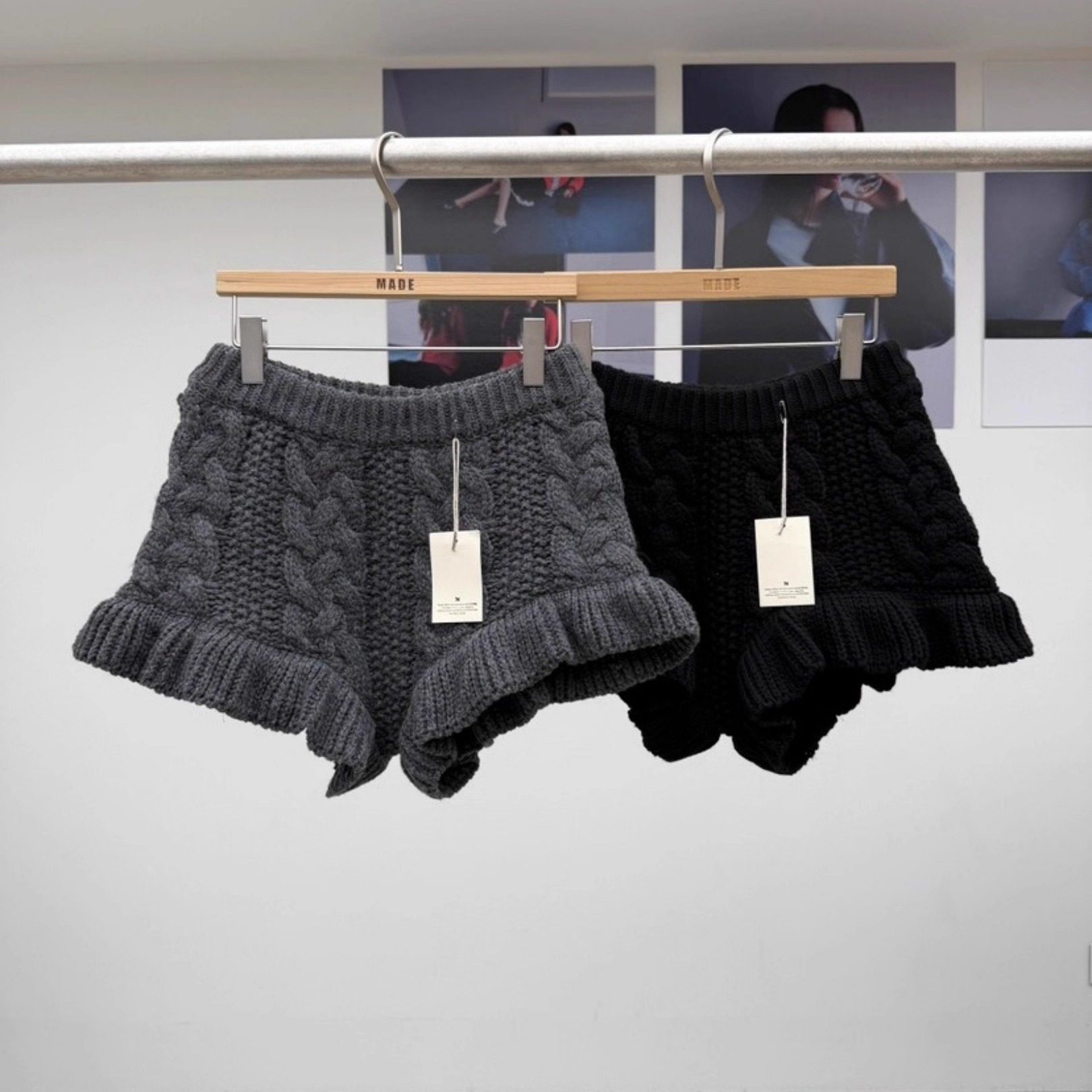 韩国东大门秋季新款麻花纹编织松紧腰针织毛线短裤女荷叶边休闲裤