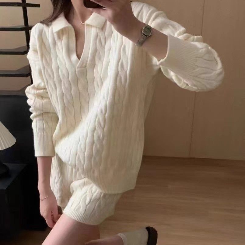 美式复古麻花v领时尚套装女春秋新款宽松慵懒风套头针织衫两件套