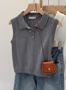 2025新款韩版设计感小众plol领针织衫女灰色宽松显瘦短款无袖上衣