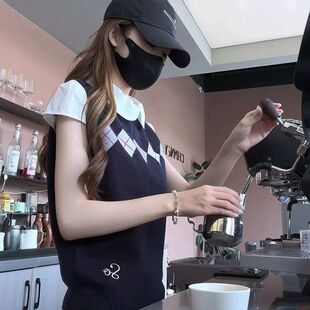 2026夏季超火穿搭学院风撞色菱格针织背心叠穿上衣菱格针织马甲款