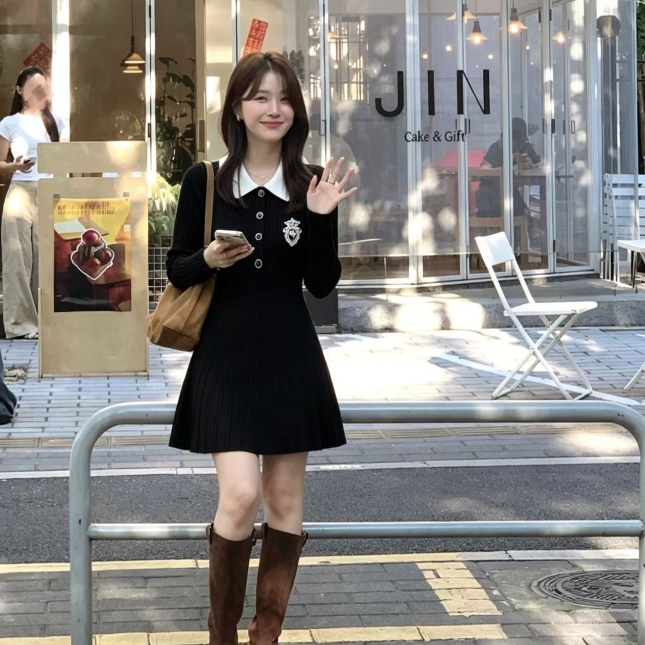小香风法式内搭连衣裙女秋冬甜美气质polo领收腰小个子针织小黑裙