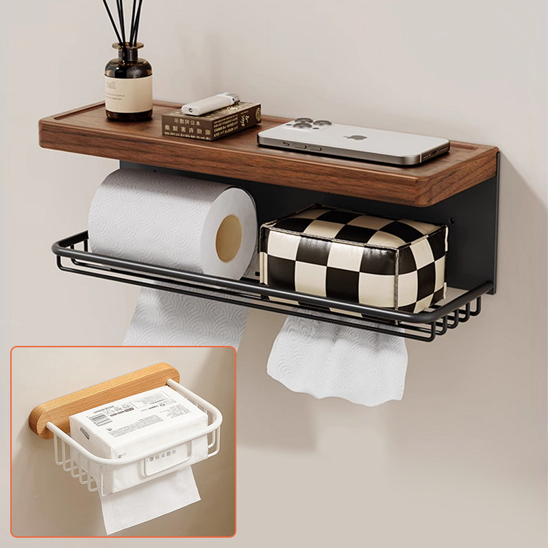 胡桃木卫生间纸巾盒壁挂式免打孔厕所卷纸架浴室抽纸置物架
