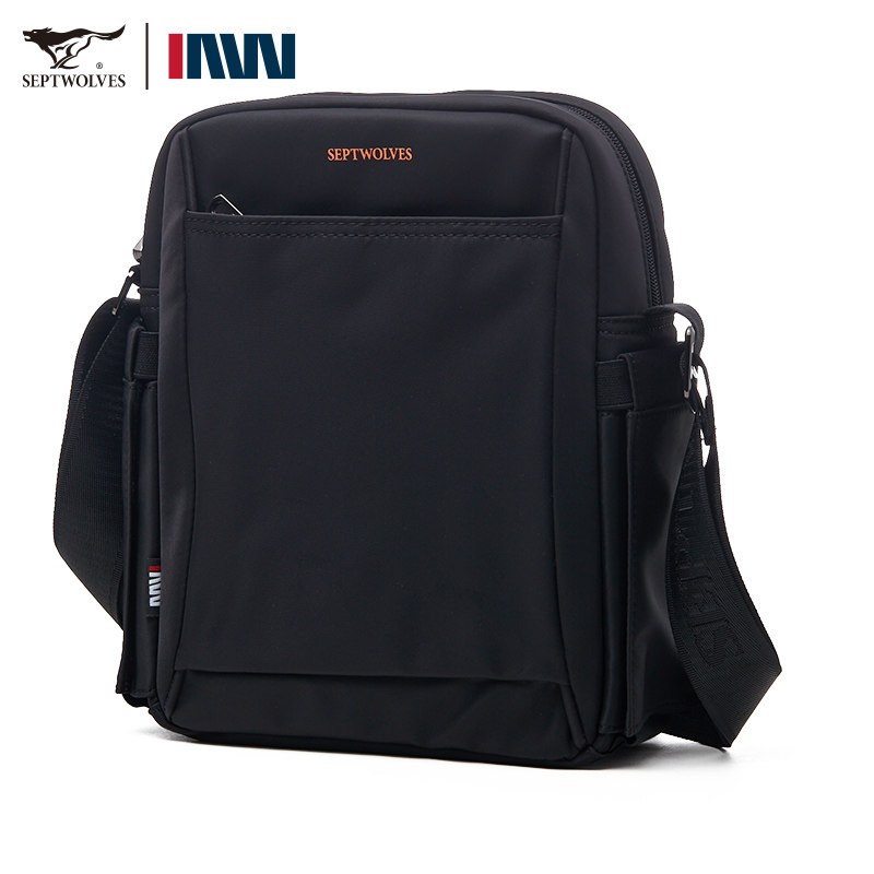七匹狼男士斜挎包单肩包黑色商务时尚大容量通勤包防水便携布包