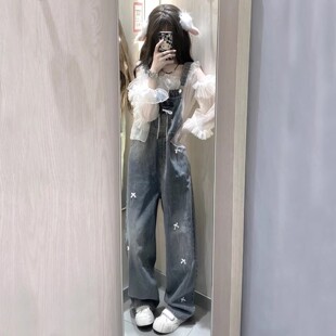 美式复古牛仔背带裤女2026春季新款宽松蝴蝶结烫钻夏季减龄直筒裤