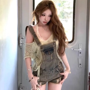 套装 小个子显高热裤 复古蓝色磨破牛仔背带短裤 甜酷辣妹风2026夏季