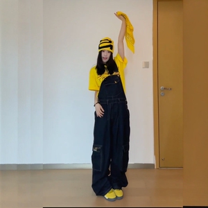 2025春季美式复古刺绣背带裤女宽松街头风百搭休闲牛仔裤直筒裤