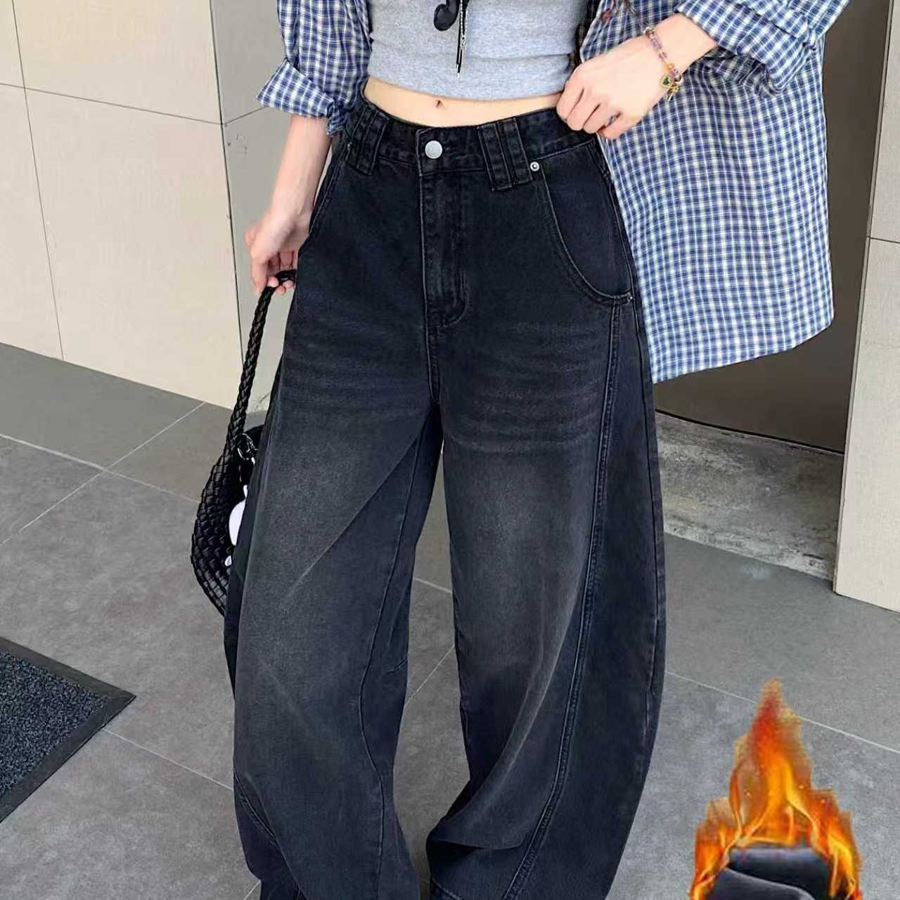 蘑糯糯monoo新款黑牛加絨加厚设计感高腰显瘦牛仔弯刀阔腿裤女