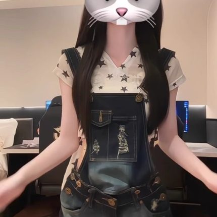设计感高街辣妹分体穿牛仔背带短裤女夏季减龄小个子高腰显瘦热裤