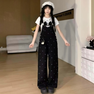 奶fufu可爱学生减龄小个子牛仔背带裤女套装休闲百搭直筒连体裤