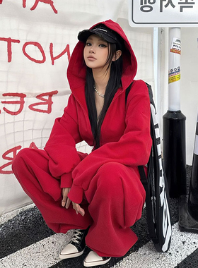设计感元气套组 红色连帽卫衣辣妹短款开衫外套抽绳卫裤秋冬套装