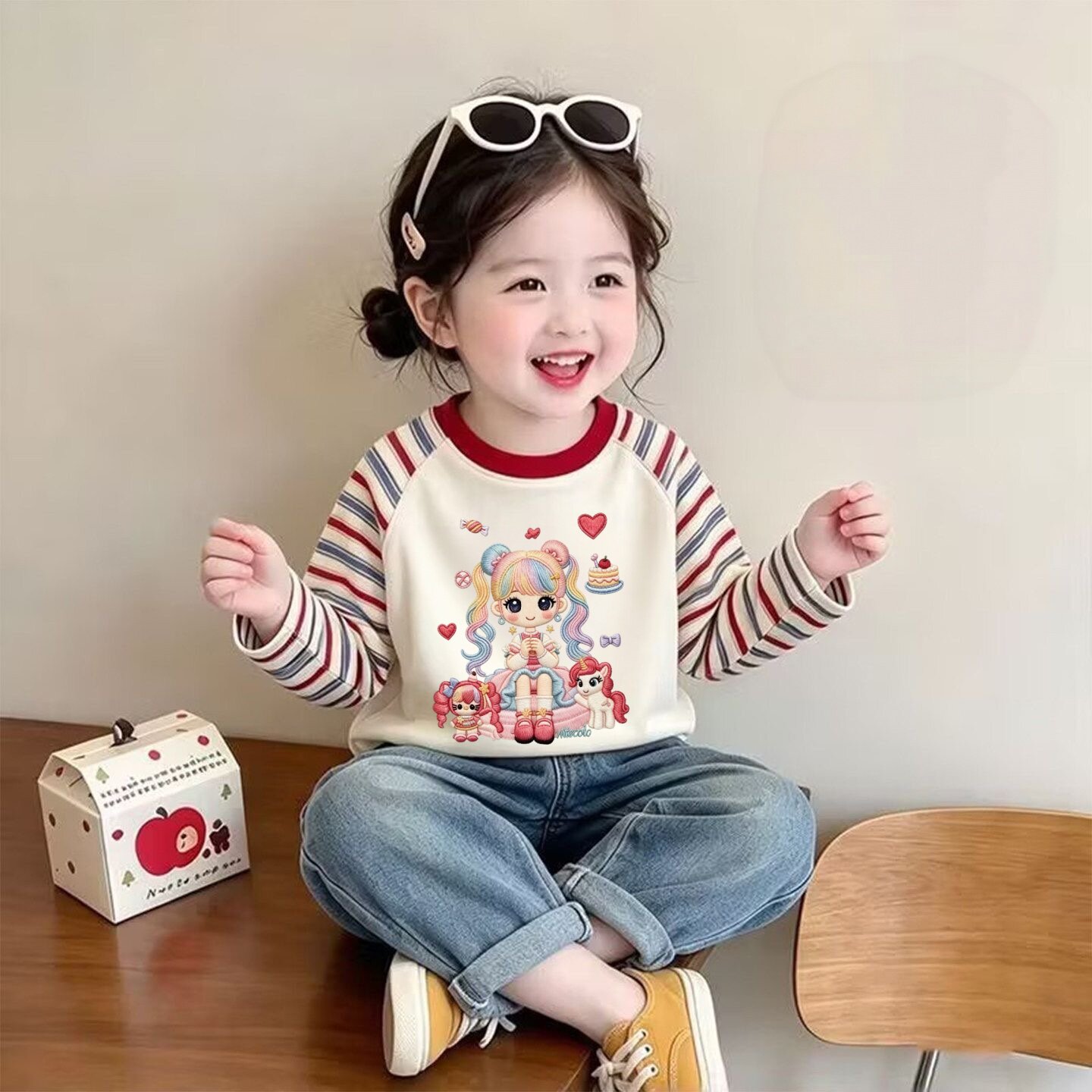 女童纯棉打底衫秋冬内搭宝宝可爱小马印花条纹长袖儿童保暖上衣