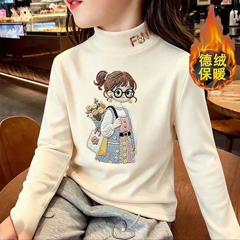 儿童半高领印花打底衫女孩内搭德绒秋冬长袖T恤学生贴身保暖上衣t